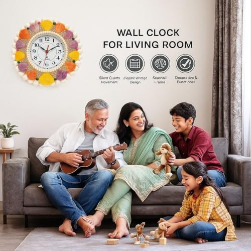 Image of Sea Shell Wall Clock for Hall | Multi Colour | Decorative Coastal Wall Clock | Ocean Theme Home Decor Clock for Home | Silent Non-Ticking Analog Wall Watch for Living Room & Bedroom