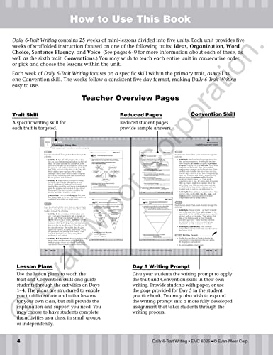 Evan-Moor Daily 6-Trait Writing, Grade 5 Homeschool and Classroom Resource Workbook, Reproducible Worksheets, Teaching Edition, Lesson Plans, Ideas, Organization, Word Choice, Sentence Fluency, Voice - Image 4