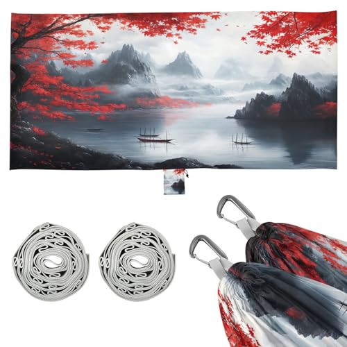 Haskirky Chinese Style Ink Painting Camping Hammock, Single Portable Hammocks with Tree Straps & Attached Carry Bag, 330Lbs Capacity Perfect for Outside Indoor Hiking Beach Backpack Travel