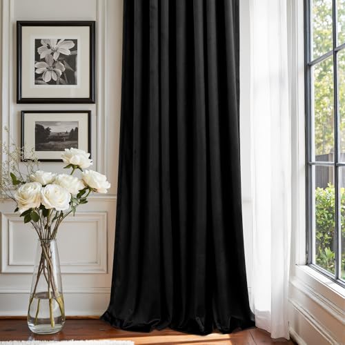 Image of Black Out Velvet Room Darkening Curtains 63 Inch Length for Living Dining 2 Panels Heavy Privacy Energy Smart Insulating Summer Heat Winter Curtain for Kitchen Door Doorway Master Bedroom Guest Office