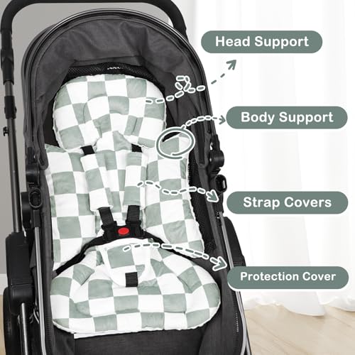 Image of DILIMI Infant Car Seat Insert, Baby Car Seat Head Support with 3 Strap Paddings, Soft Newborn Car Seat Cushion for Stroller, Swing, Bouncers, Green Checkered