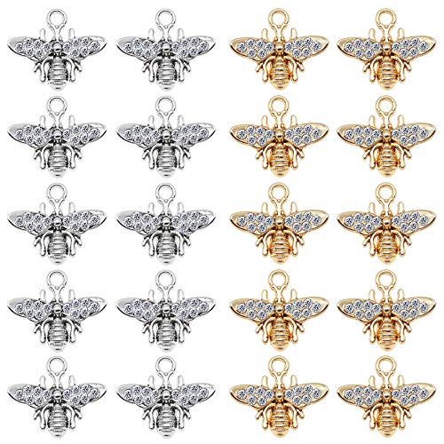 Breloques abeille émaillées en métal argenté et strass pour création de bijoux (20 pcs)