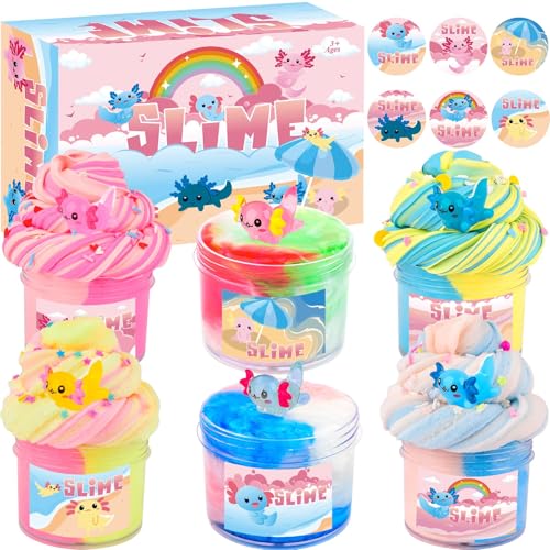Buntes Schleim-Set,6 Pack Axolotl Slime Kit, Cloud Slime, Butter Slime & Galaxy Slime, Slime Party Favors for Kids with Axolotl Charms, Soft and Stretchy, Classroom Rewards, Birthday Gifts