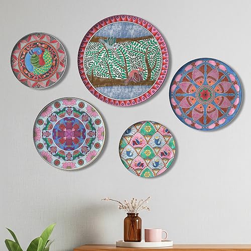 Image of Modern Folk Madhubani Wall Plates - Set of 5 Handcrafted Metal Wall Decor Inspired by Indian Folk Art | Decorative Wall Plates for Living Room, Bedroom & Office