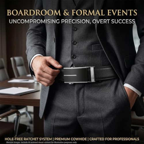 Image of JINIU Men's Ratchet Belt Buckle, Black Genuine Leather Slide Belt for Men Dress Suit, Micro Adjustable Trim to Fit Boxed