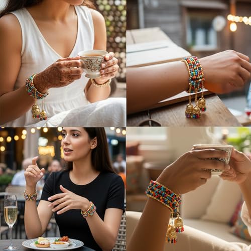 Image of Touchstone Indian Colorful Bead Bracelet Bollywood Beaten Metal Beads Openable Broad Cuff Bracelet in Gold or White Tone for Women.
