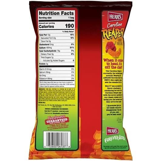 Herrs Carolina Reaper Cheese Curls, 1.25 Ounce Pack Of 7