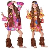 Deguisement Hippie fille. Ensemble comprenant une robe courte style Hippie, un gilet à franges, un bandeau et des jambières à franges.