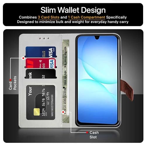 Image of FLIPPED Vegan Leather Flip Case Back Cover for Samsung Galaxy M17 5G | A17 5G | F17 5G (Flexible, Shock Proof | Hand Stitched Leather Finish | Card Pockets Wallet & Stand | Tan with Brown)