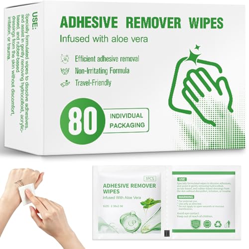 Adhesive Remover Wipes Sting-Free & Hypoallergenic Medical Skin Adhesive Remover with Aloe for Bandage Tape Glue Patch Dressings & Ostomy Residue (80)