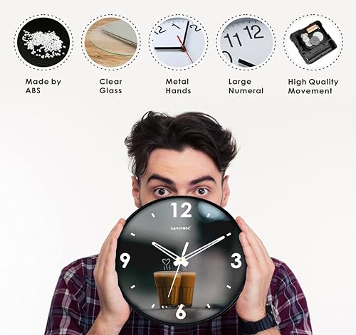Image of SANDROSE Plastc Chai Tea Printed Analog Wall Clock for Living Room Stylish with Glass for Home, Clock for Bedroom Stylish, Hall, Kitchen, Office (Multicolour, 10 inch, 24 cm x 24 cm x 4.5 cm)