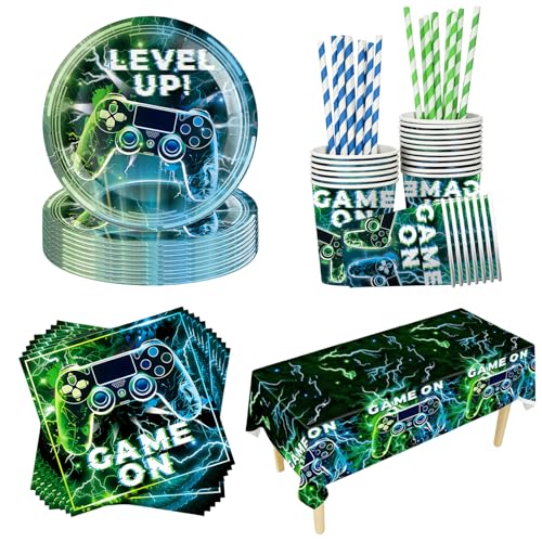 CIOXSOIO Juego de Vajilla para Fiesta Juegos de Vídeo, 20 Platos de Papel, 20 Vasos, 20 Servilletas, 20 Pajitas y 1 Mantel, 20 Invitados Vajilla para Decoración de Cumpleaños Infantil