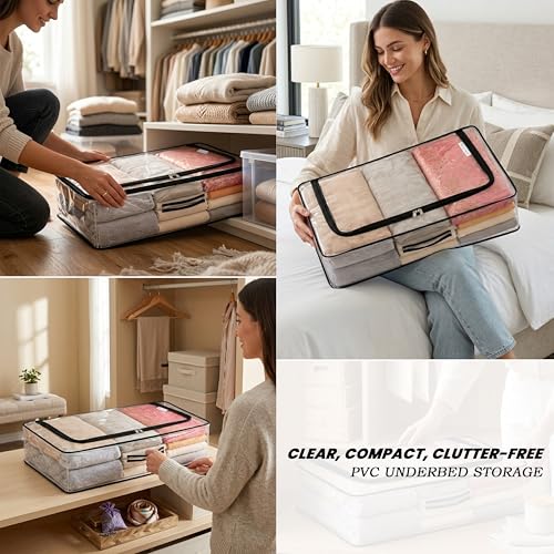 Image of Storite Medium PVC Underbed Storage Bag with Handles, Clear Window & Zipper Lock | Space Saving /Foldable /Rectangular Quilt, Comforter, Blankets,Clothes Storage Bag -Transparent (58x33x15 cm)