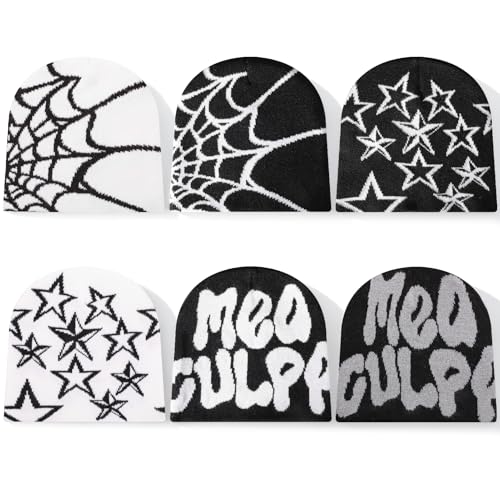 Zhamate 6 Pcs Y2k Beanies Spider Web Star Letters Pattern Beanie Gothic Acrylic Knitted Hat Casual Streetwear Outdoor for Men Women Black