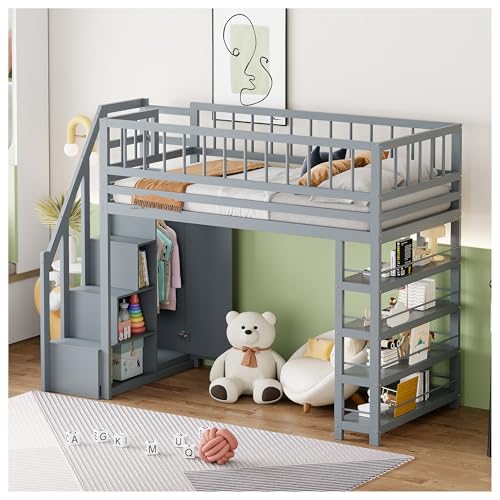 Seyakany - Cama de altillo (90 x 200, diseño de seguridad, valla alta con armario, estantes y espacio de almacenamiento con escalera de escalada de seguridad, cama entrepiso infantil, madera maciza,