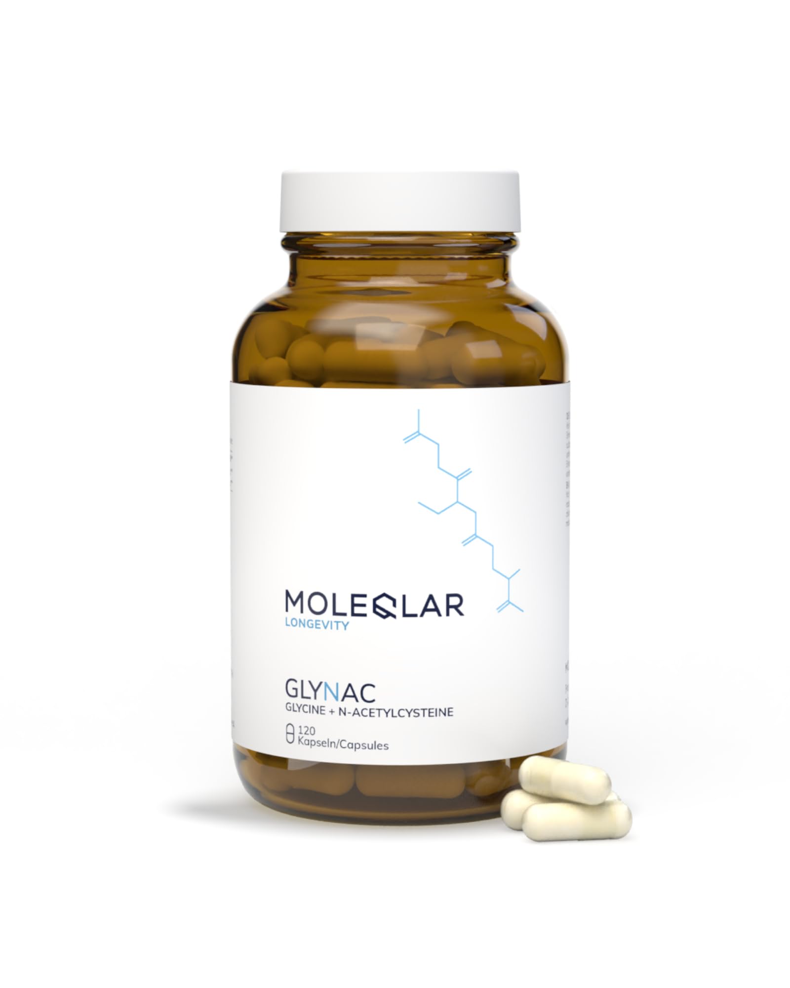 MoleQlar GlyNAC Kapseln 120 Stück - 600mg Glycin & 600mg NAC (N-Acetyl-Cystein) pro Portion - Glutathion Vorläuferkomplex - vegan & glutenfrei - Zertifiziert in DE