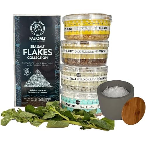FALKSALT | Mediterranean Flavored Sea Salt Flakes 4 Pack 4 + Free Salt Cellar | Natural Gourmet Finishing Flake Gift Set | 4 x 1.4 OZ Canisters