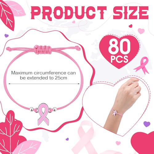 80 Pcs Breast Cancer Awareness Bracelets Adjustable Pink Ribbon Cord Fan Strap Braided Bracelet Motivational Breast Gifts for Women Cancer Fighter2
