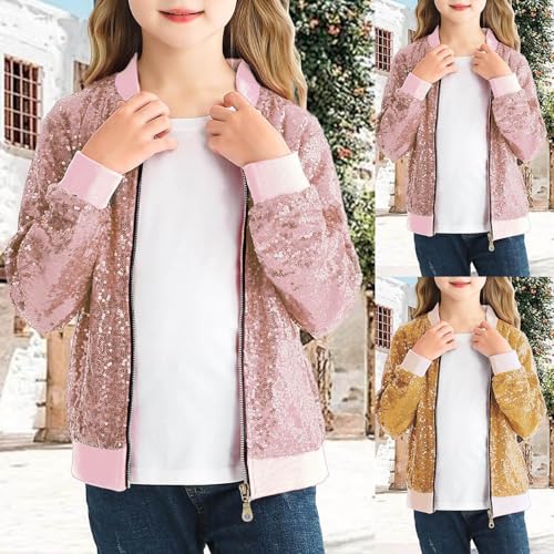 Girls Sequin Bomber Jacket Baseball Jacket Casual Long Sleeve Zip Up Coat4