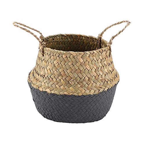 Seagrass Plant Basket with Handles, Seagrass Belly Basket Woven Storage Basket Foldable Woven Planter Basket for Indoor Plants Storage Laundry