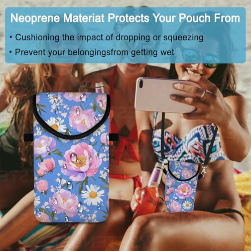 Image of Neoprene Cell Phone Sleeve Pouch Case Bag with Crossbody Strap Neck Lanyard for Women 7.5 X 4.3 in Sky Blue Flower