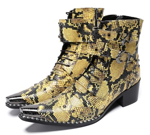 Santimon Men's Genuine Leather Cowboy Boots - Western Dress Boots with Metal Toe & Buckles | Mid-Calf Party, Rock & Motorcycle Boots