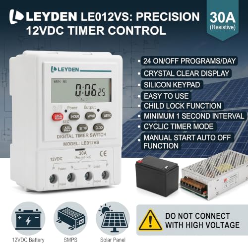 Image of LEYDEN LE012VS, 12VDC, Digital Timer Switch 24 on Off Programs & Cyclic Timer for DC Light, Motor, Bell, Siren, Fan, Fogger, Hydroponic, Drip Irrigation & Other Application
