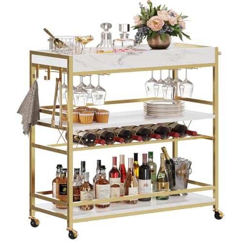 Image of BON AUGURE Gold Bar Cart on Wheels for Home with Wine Rack & Glass Holders