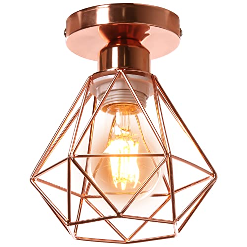 TOKIUS Lámpara de Techo Retro, 16CM Lámpara Colgante Techo Vintage Pantalla Jaula Oro Rosa Luz Colgante Interior Moderno Iluminación de Techo para Cocina Comedor Pasillo (Plafón, 1 Pieza) Cover