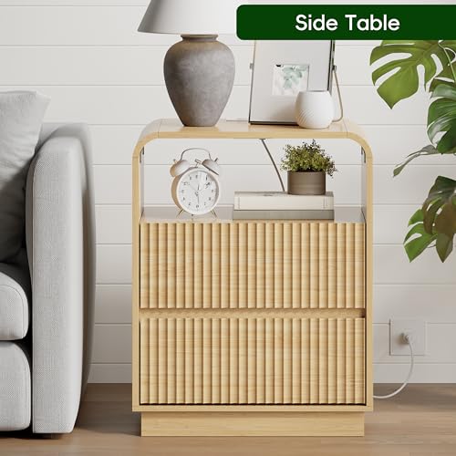 Image of Wodeer Natural Oak Nightstand with Charging Station, Mid Century Modern Bedside Table & End Table, Fluted Wood Small Night Stand with 2 Hidden Drawers and Storage Shelf for Bedroom