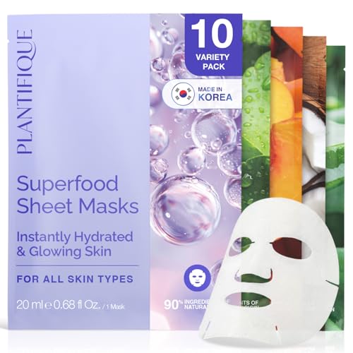 Image of PLANTIFIQUE Korean Sheet Mask 10 Pack Variety Set - Hydrating Face Masks with Hyaluronic Acid - Soothing, Firming, Even Toning - Mascarillas Faciales