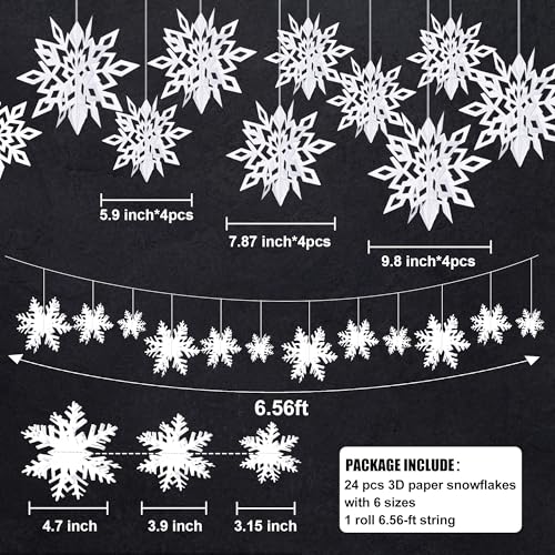 24PCS Snowflake Christmas Decorations, 3D Large White Paper Snowflakes Garland Hanging Snow Flakes for Winter Wonderland Christmas Party Decorations Holiday New Year Home Decor, Antiquewhite