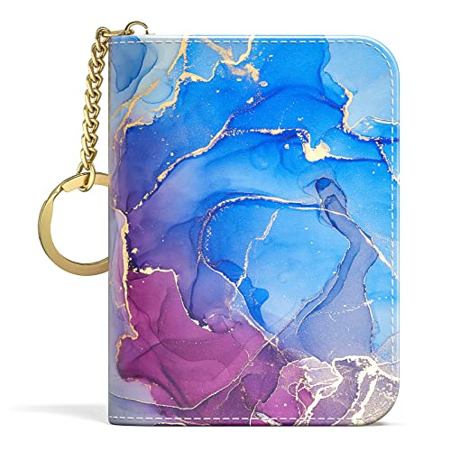 Image of Aiawoxc Credit Card Holder for Women, Small RFID Wallet Slim Leather Card Organizer Case with Zipper and Keychain, Purple Marble