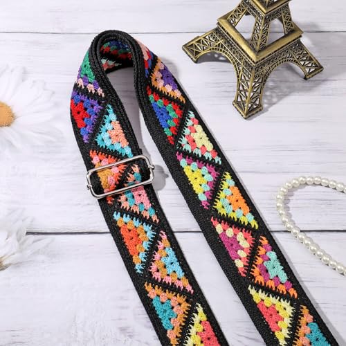 Image of Wide Purse straps Crochet Flower replacement crossbody for Handbag Adjustable Embroidery Knit Guitar Shoulder strap