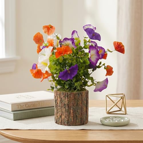 Image of Dekorly Artificial Morning Glory Flower with Real Wooden Vase (28CM Overall Height) | Decorative Lifelike Faux Floral Plant in Rustic Tree Log Pot for Living Room (Morning Glory Flower)