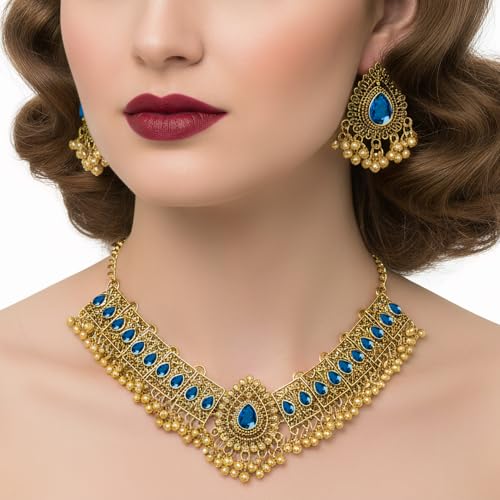 VLYX Conjunto de Joyas Tradicionales de la India para Mujer, Collar y Pendientes Jhumka para Bodas y Fiestas (Azul)