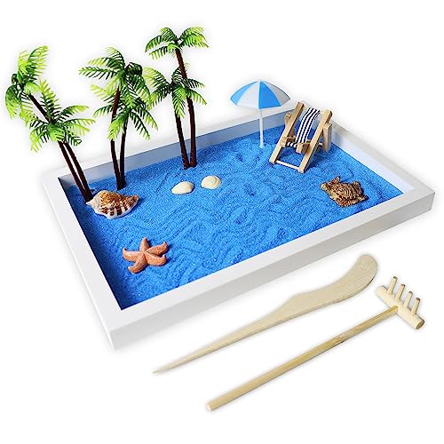 Timani Zen Garden for Desk - Zen Garden Sand Kit, Artificial Palm Tree, Rakes & Accessories - Meditation Decor Office Home Desktop Relaxation Sandbox Decor. 11'x8' Inches Wooden Rectangular Tray