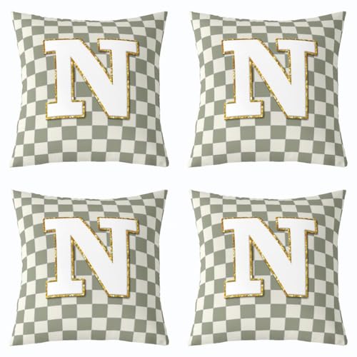 Image of Erosebridal Sage Green Checkered Throw Pillow Covers 18x18 Set of 2 Plaid Initial N Pillow Covers Personalized Monogram Cushion Cover Fashion Grids Gingham Pillow Cases for Couch Sofa