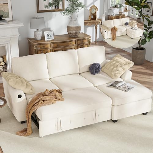 Image of Hanherry 81 inch Sectional Couch with Pull Out Sofa Bed,Chenille Sleeper Sofa with Storage Ottoman & USB Charging,Comfy L Shaped Modular Couches for Living Room,Apartment