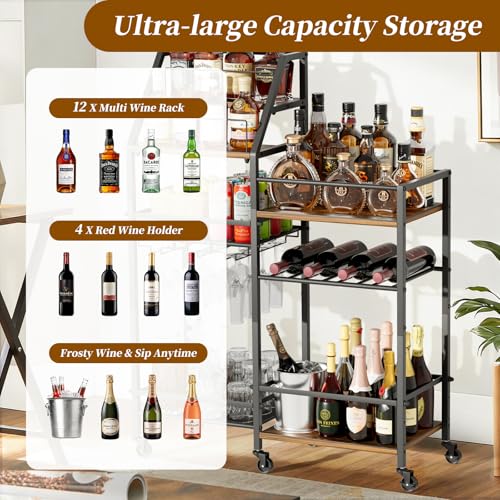 Image of VINAEMO Rolling Bar Cart with Wine Glass Holder, Bar Carts for The Home, Bar Stand for Home, Small Mini Bar for Whiskey Wine, Liquor Cart for Home Bar, Alcohol Cabinet for Bar, Kitchen, Dining Room