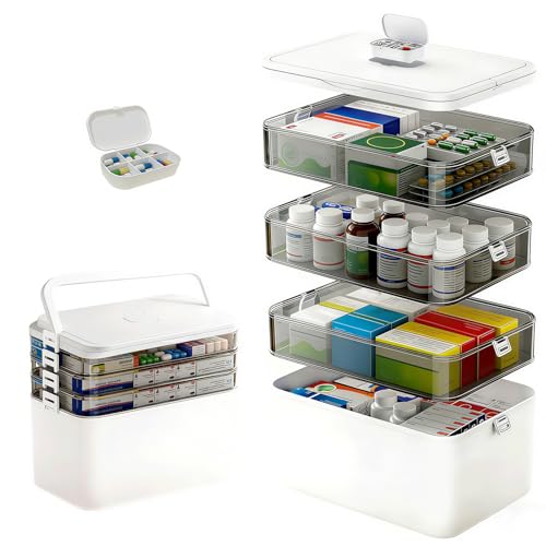 4-stöckige Hausapotheke Box mit Tragegriff, 27,7 x 27 x 14,7cm Weiße Medizinbox, Medikamenten Aufbewahrung, Medikamentenbox Groß mit Tragbare mit hoher Kapazität für Familie, Büro, Schule und Reise