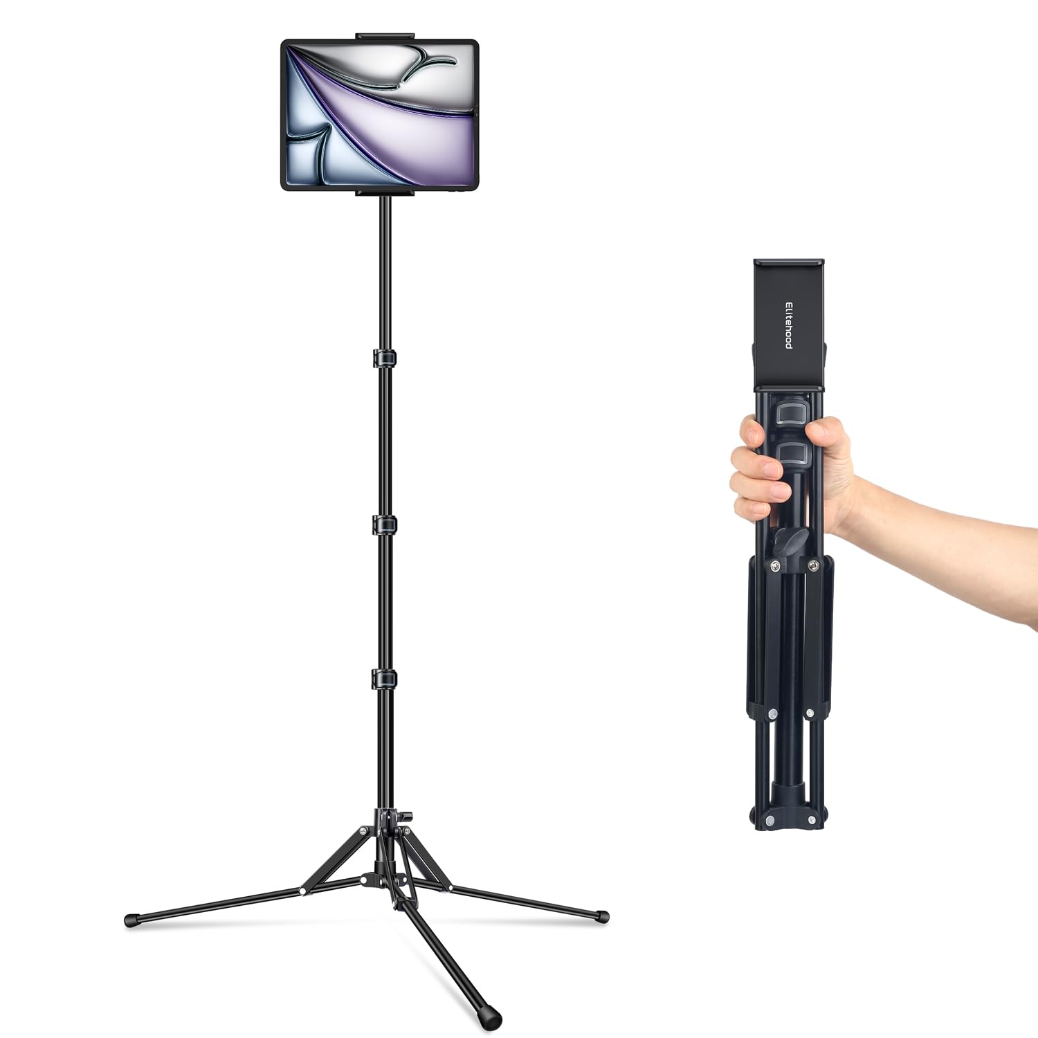 elitehood Trípode ligero para iPad, soporte de aluminio ultra estable para iPad con rosca de 5/8 pulgadas, soporte desmontable para tableta, giratorio de 360° para tabletas y teléfonos de 7 a 13