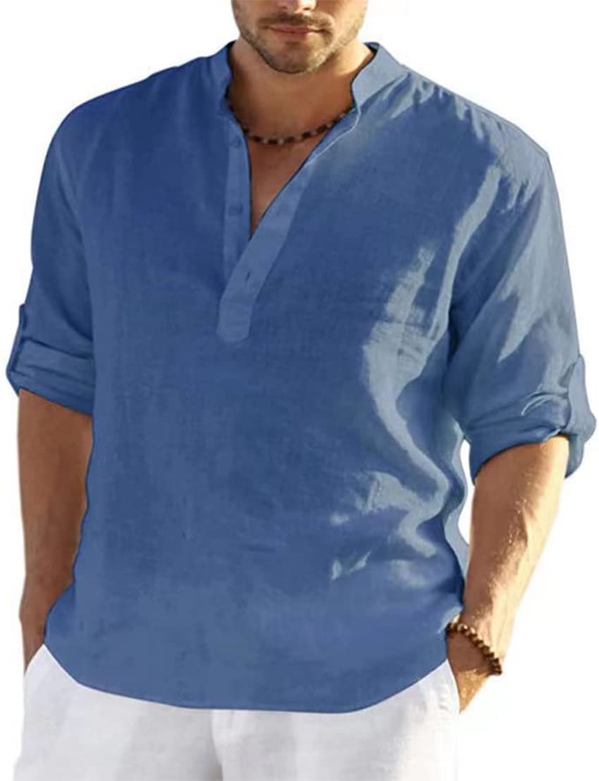 PADOLA Hombre Camisas Lino T-Shirt Suelta Manga Larga Casual Top Color Sólido Camisa de Verano Regular Fit Respirable Henley Camisas Casual