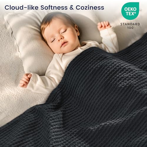 Image of PHF 100% Cotton Waffle Weave Throw Blanket 50 inch x 60 inch - Lightweight Washed Soft Breathable for Adults and Kids - Perfect Layer for Couch Bed Sofa - Elegant Home Decoration Gift - Black