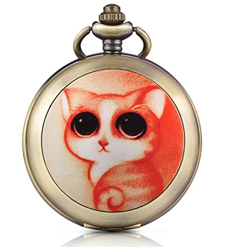 Preisvergleich Produktbild Unendlich U Katzen Kätzchen Foto Medaillon Handaufzug Mechanische Taschenuhr Schwarzes / Weißes Zifferblatt Skelettuhr Pullover Halskette, beide Ketten (Schwarz-B)