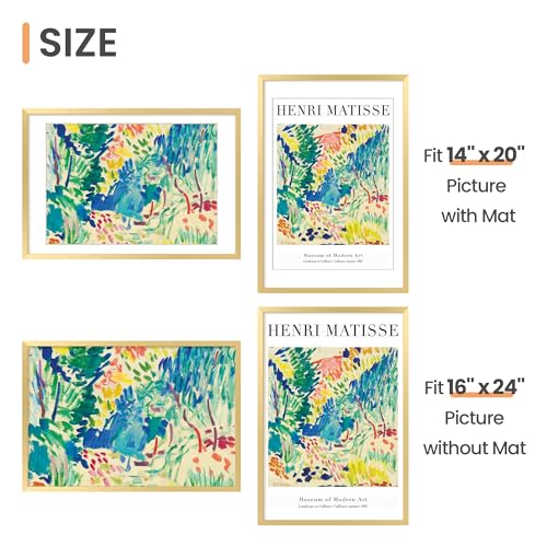 Image of upsimples 16x24 Picture Frame, Display Pictures 14x20 with Mat or 16 x 24 Without, Wall Hanging Poster Frames, Gold, 1 Pack