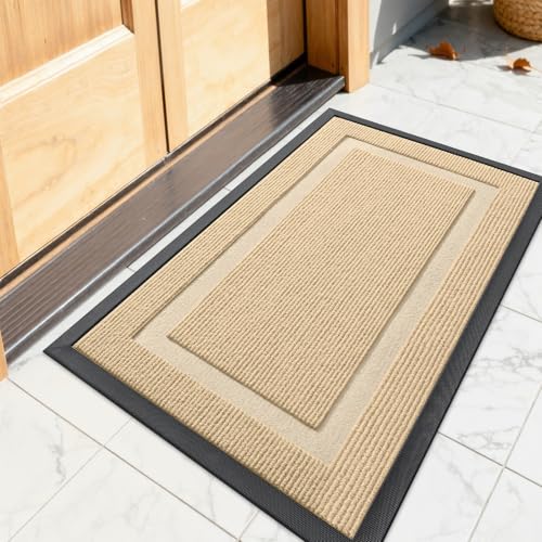 Image of OLANLY Front Door Mat Indoor Outdoor Entrance, Waterproof All-Season, All-Weather Doormat, Sturdy Natural Rubber, Fade Resistant, Low Profile, Easy Clean Patio Porch Entryway Mat, 23.5x15.5, Beige