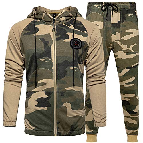 Mens Athletic 2 Piece Tracksuit Set Men's Tracksuit Athletic Sports Casual Full Zip Sweatsuit, Khaki-M