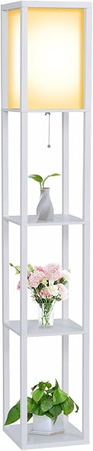 YU YUSING Floor Lamp with Shelves, 3 Layers Wooden Shelf Standing Light, Modern Reading Lamp for Living Room, Bedroom, Office, Home Decoration(Without Bulb) (Size:26x 26x 160 cm) -White