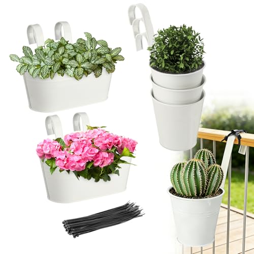 MADHOLLY 6Pcs Railing Planter with Drainage - 10.8' & 5.1' Bucket Pots for Balcony Railing, Metal Iron Hanging Flower Pots for Herb Planter Outdoor Deck & Rail Decor with Hook, White